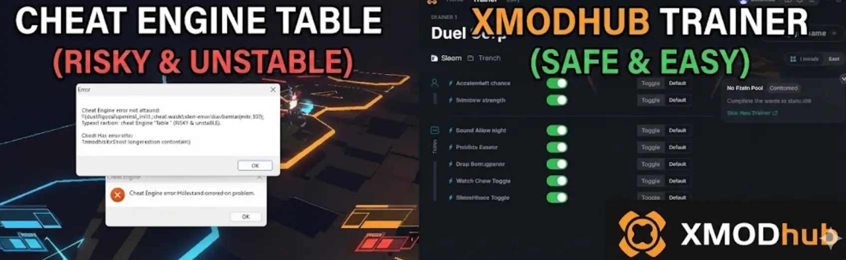 Split-screen illustration for Duel Corp comparing risky Cheat Engine scripts on the left with the safe XMODhub trainer interface featuring Infinite Stamina on the right, including the XMODhub logo.