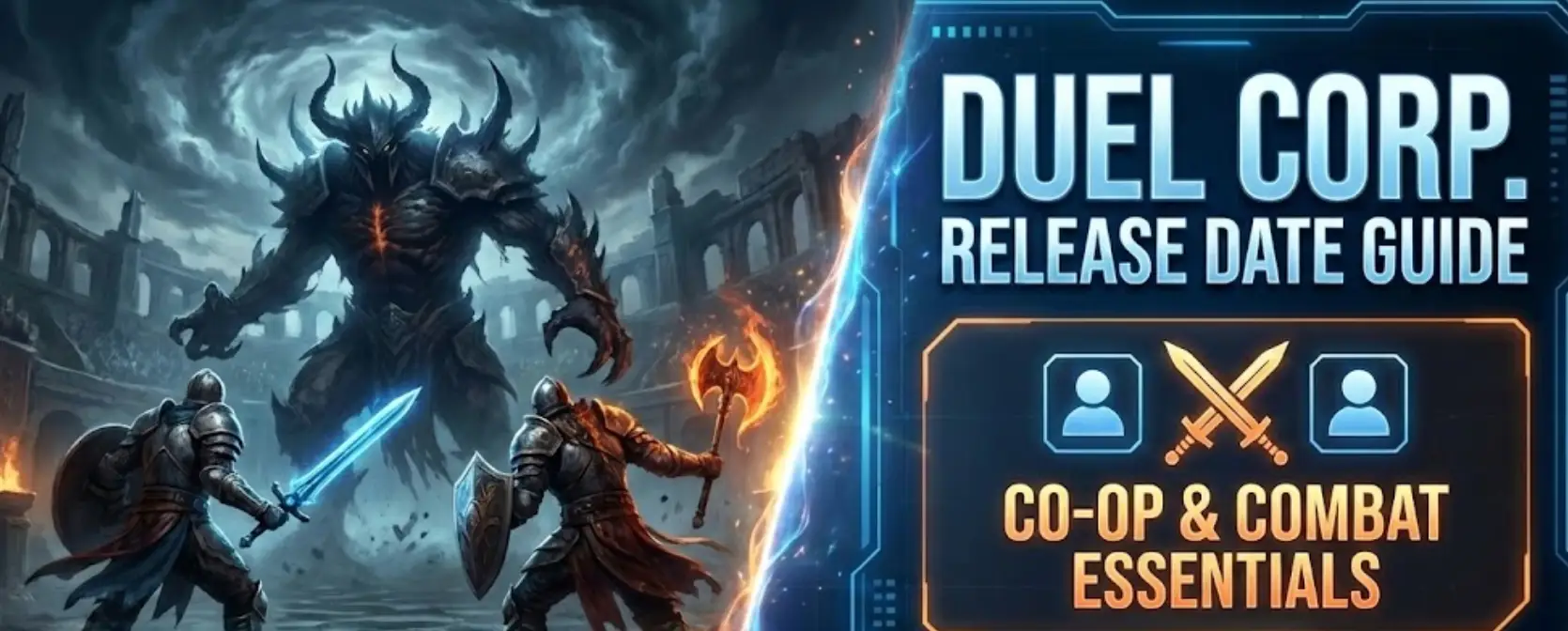 Заголовок блога Duel Corp: Воин в стиле мрачного фэнтези с элементами souls-like сражается с боссом. На цифровом интерфейсе отображается значок календаря на 2026 год. Надпись сверху гласит: Duel Corp. Руководство по дате выхода: Основы кооперативной игры и боя (2026).