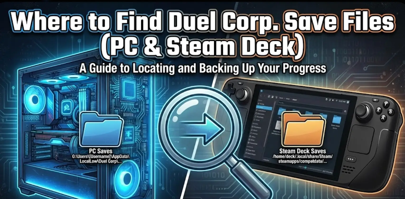Blog header image for "Where to Find Duel Corp. Save Files (PC & Steam Deck)". The graphic shows a gaming PC and a Steam Deck console, with arrows pointing to their respective save file folder locations and paths displayed on screen.