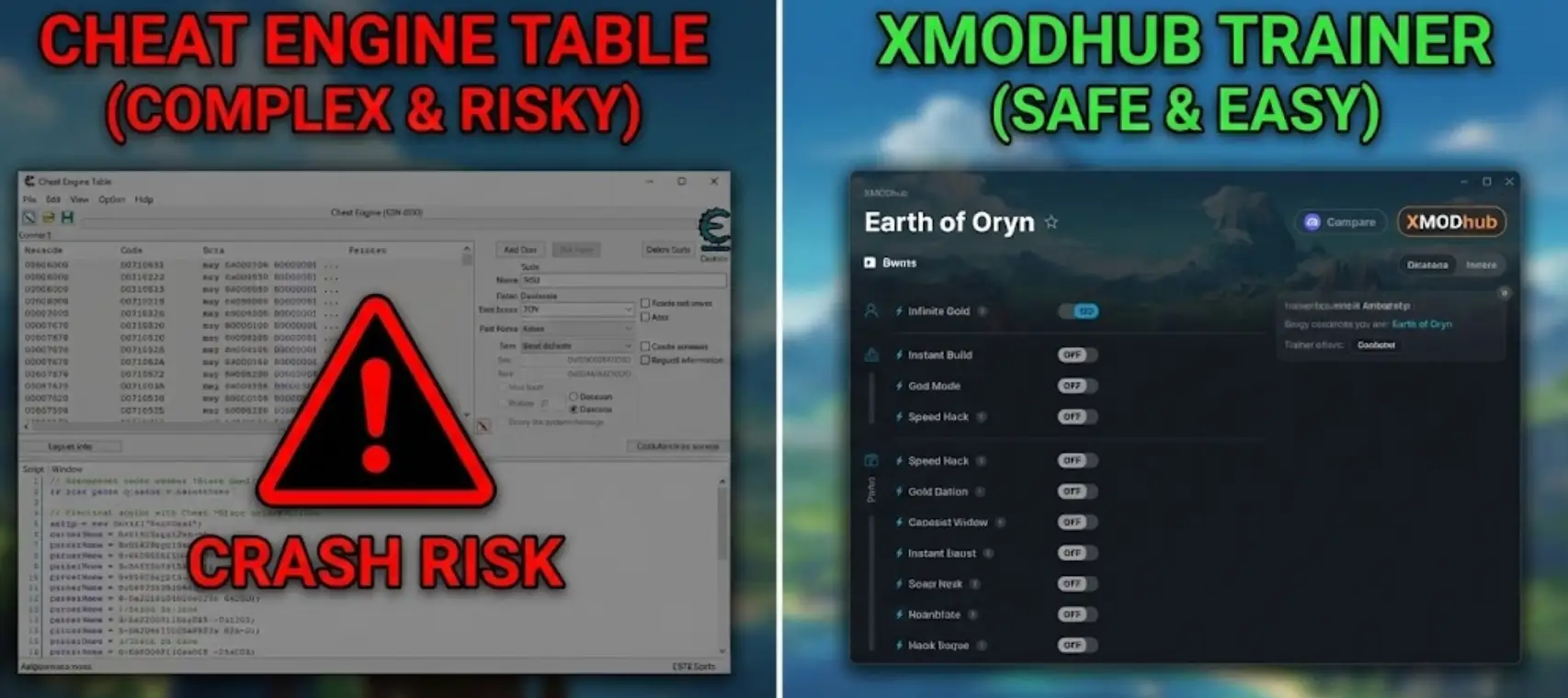 Split-screen comparison showing Earth of Oryn gameplay: complex Cheat Engine codes on the left versus the easy-to-use XMODhub trainer interface with Infinite Gold on the right.