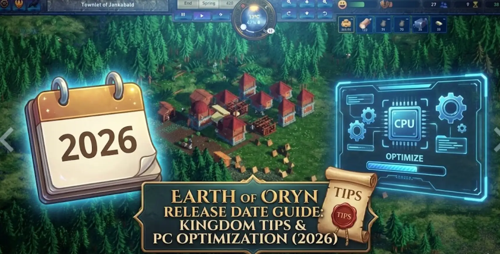 Earth of Oryn blog header: Isometric city-building gameplay background featuring a forest settlement and medieval structures. Overlay includes a 2026 calendar icon and strategy guide book. Title reads: Earth of Oryn Release Date Guide: Kingdom Tips & PC Optimization (2026).