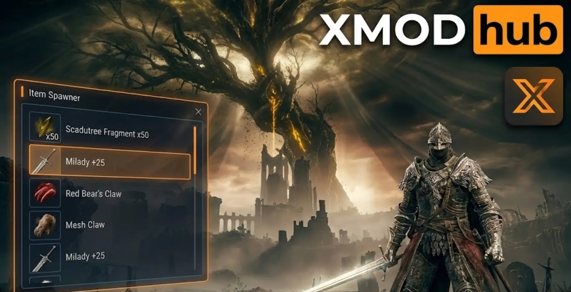 Elden Ring Shadow of the Erdtree gameplay showing XMODhub Item Spawner menu spawning Milady sword and Scadutree Fragments without Item IDs.