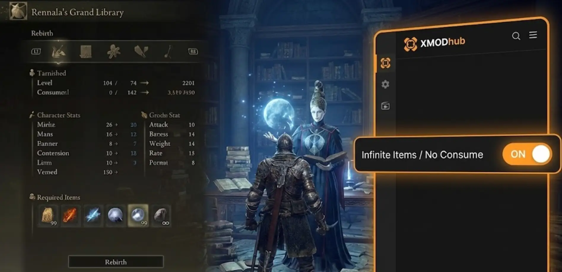 Elden Ring blog header image featuring the Rennala Rebirth menu with zero Larval Tears remaining, contrasted against the XMODhub trainer interface showing the 'Unlimited Respec' and 'Infinite Items' toggles enabled.