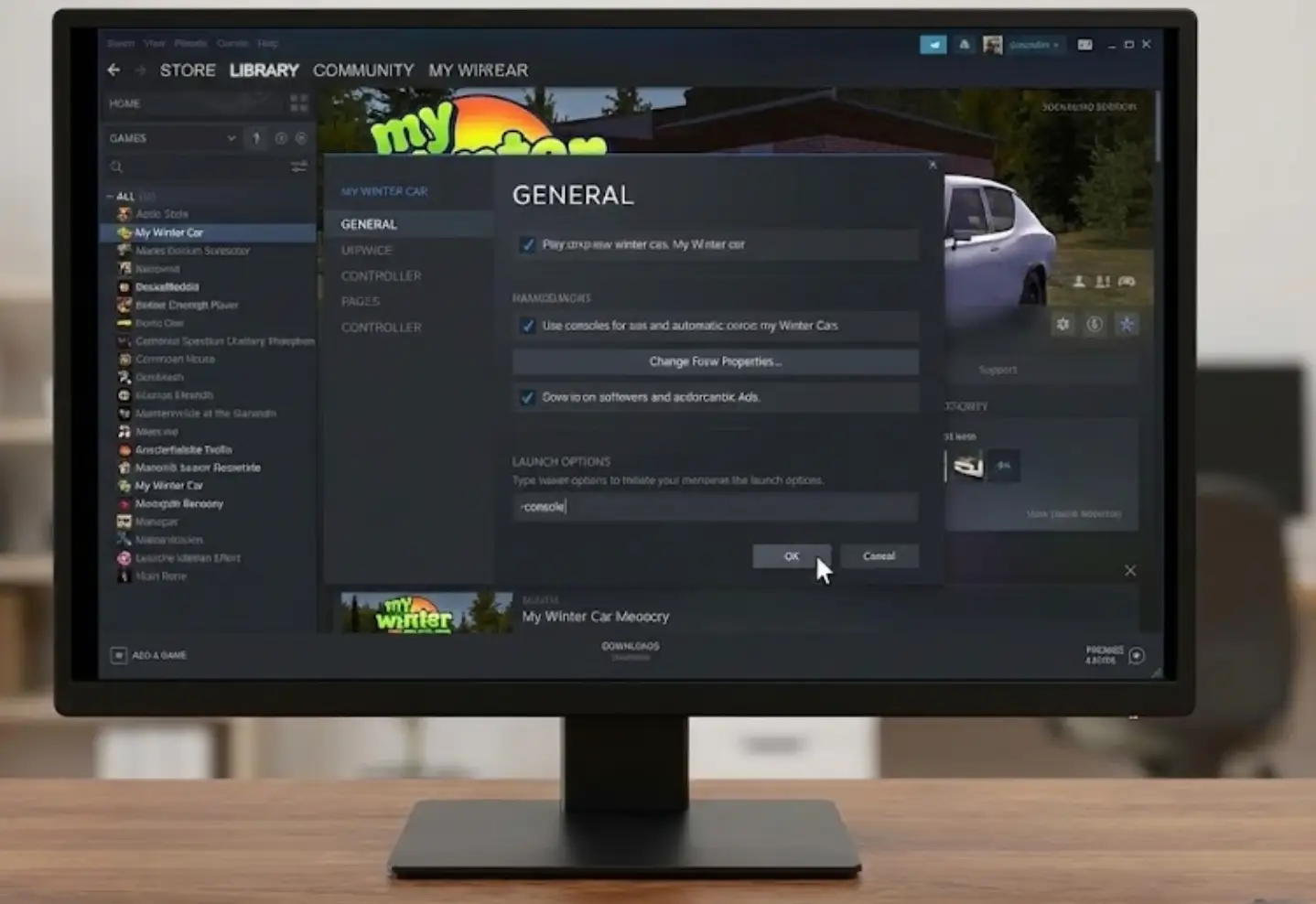 A screenshot of the Steam properties window for My Winter Car, showing the General tab where '-console' is typed into the Launch Options text field to attempt enabling the developer console.
