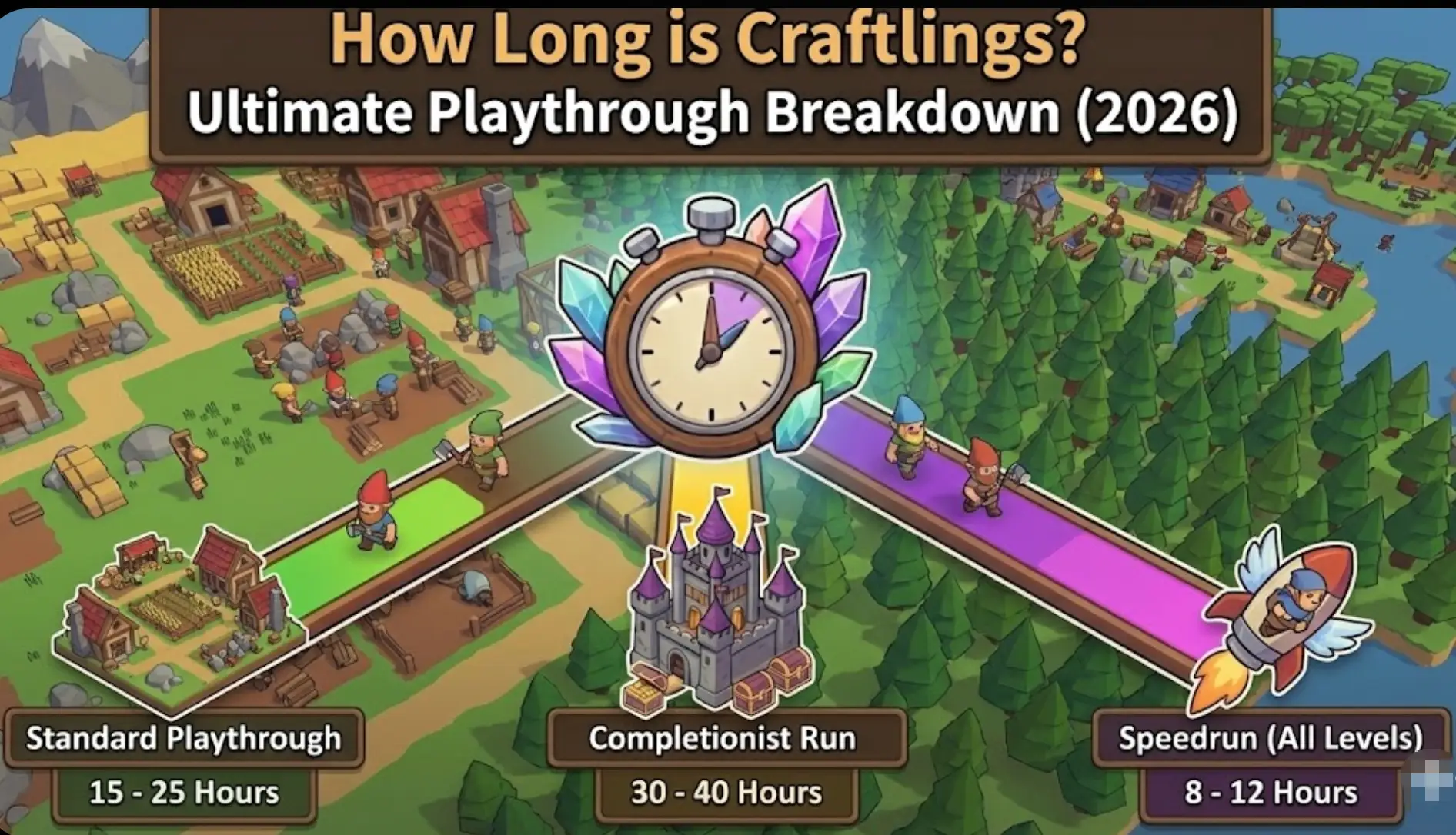 Blog header for Craftlings showing gameplay duration estimates: Standard Playthrough (15-25 Hours), Completionist Run (30-40 Hours), and Speedrun (8-12 Hours).
