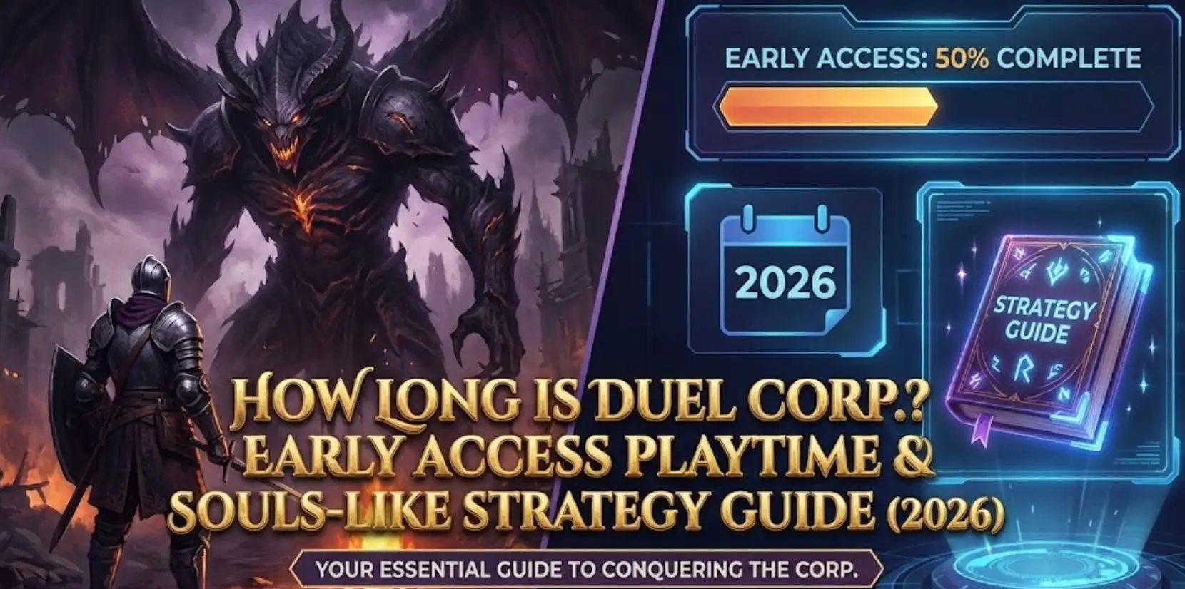 Изображение для руководства по Duel Corp.: слева — воин в стиле мрачного фэнтези с элементами Souls-like, сражающийся с боссом, справа — цифровой интерфейс, отображающий индикатор прогресса в раннем доступе и значок книги стратегий. Заголовок гласит: Сколько времени займет прохождение Duel Corp.? Время игры в раннем доступе и руководство по стратегии в стиле Souls-like (2026).