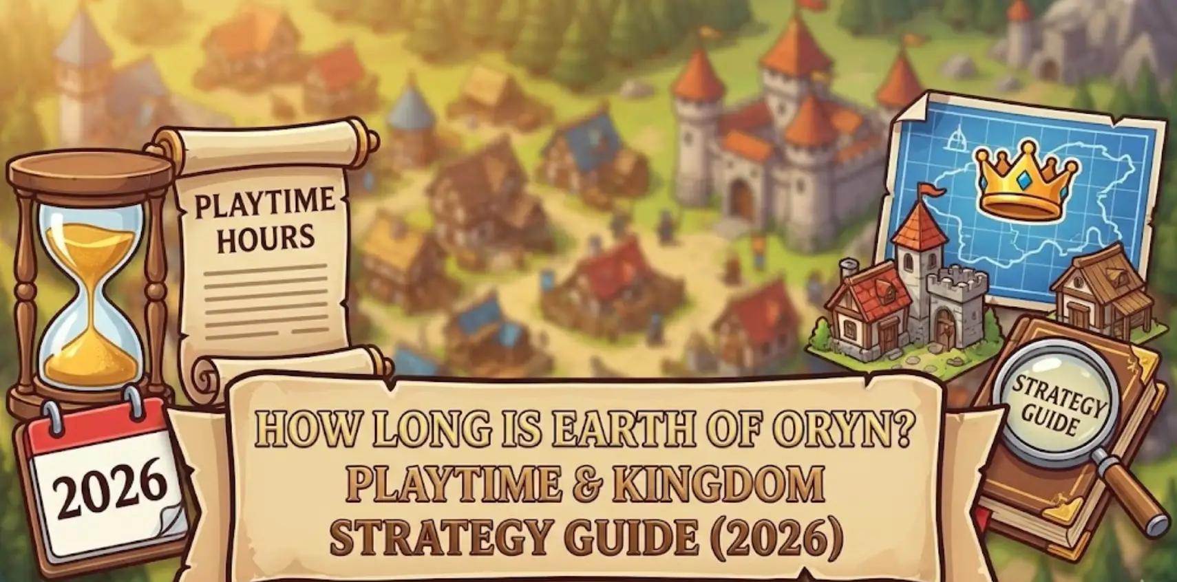 Earth of Oryn playtime guide header: Isometric medieval city-building background featuring a strategy guide book and 2026 calendar icon. Title text reads: How Long is Earth of Oryn? Playtime & Kingdom Strategy Guide (2026).