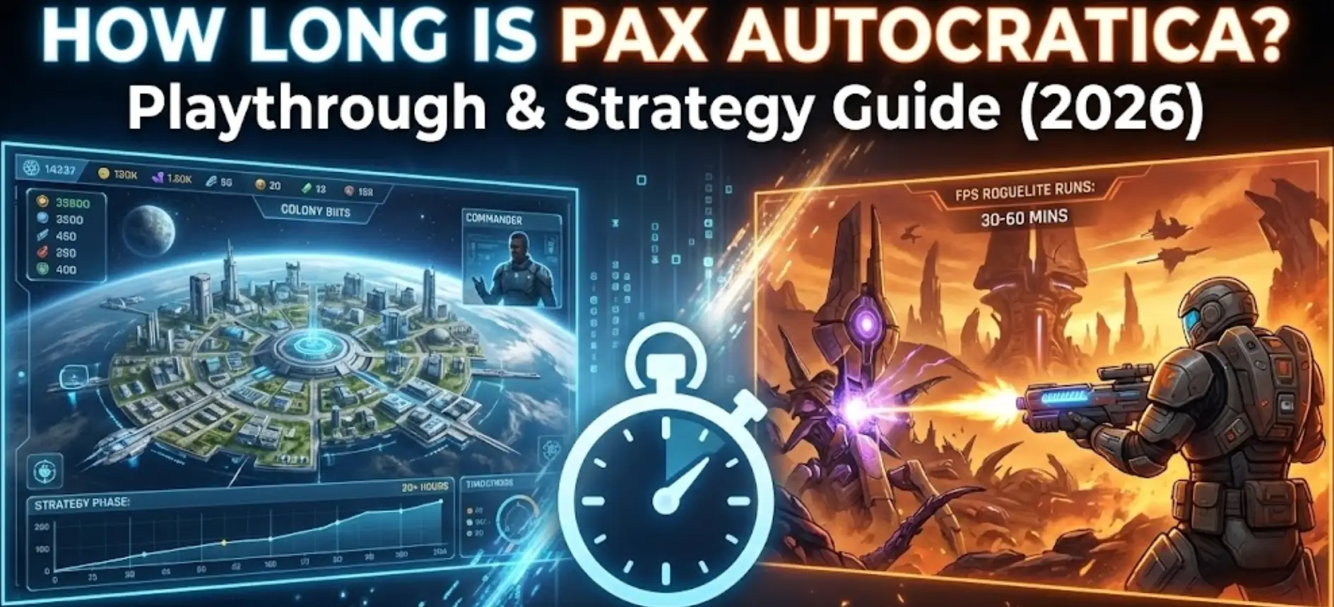 Blog header for Pax Autocratica Playthrough Guide (2026), featuring a holographic 'Time to Beat' timer overlaying a split view of orbital strategy and FPS combat gameplay.