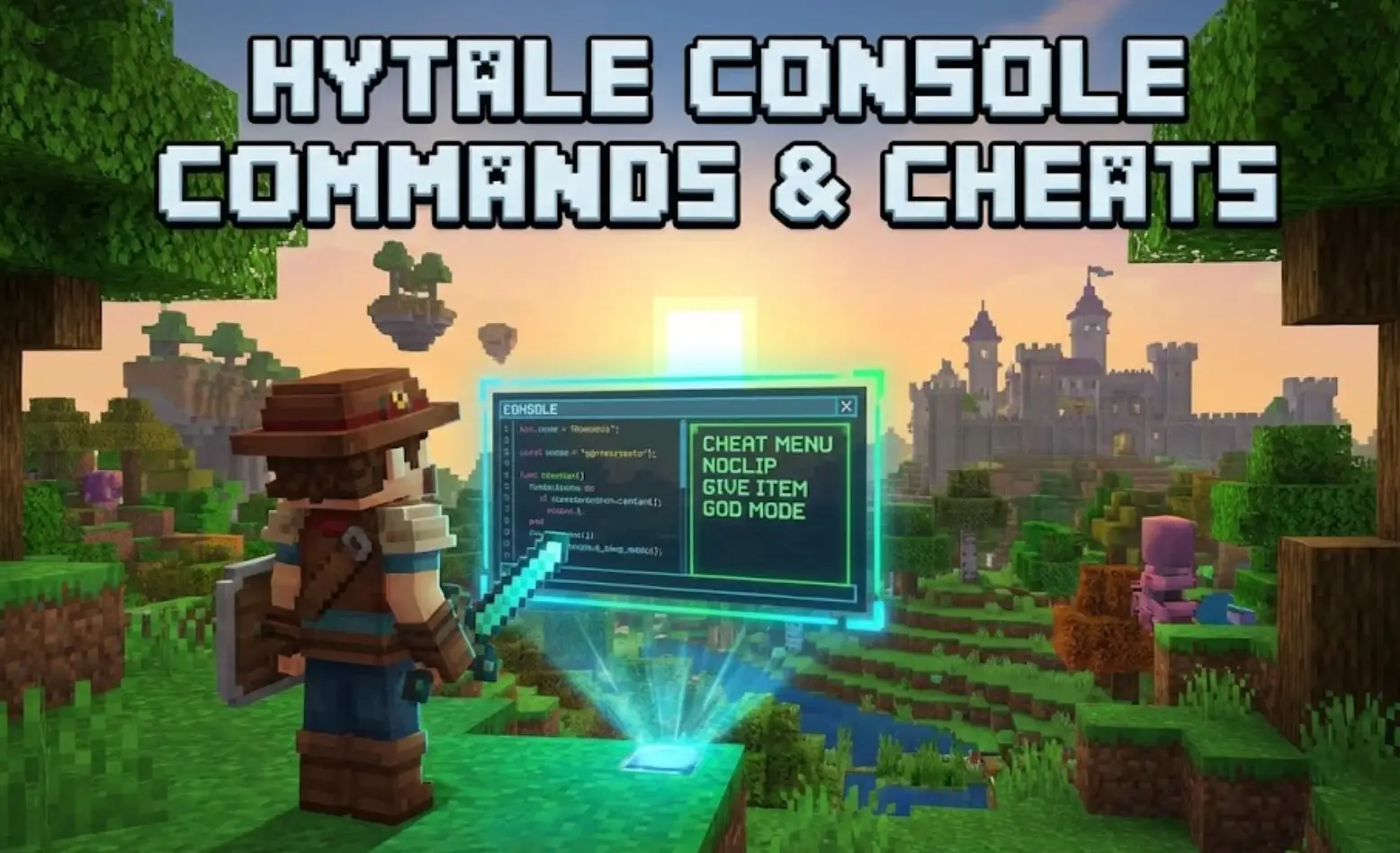 Hytale blog header image featuring a voxel character interacting with a glowing holographic debug console in a fantasy landscape, representing console commands and cheats.