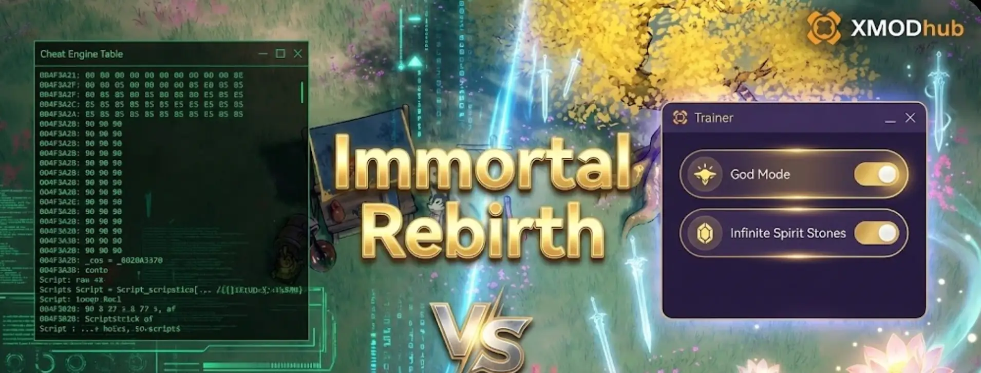 Split-screen comparison for Immortal Rebirth: Complex Cheat Engine table script on the left versus the easy-to-use XMODhub Trainer interface with God Mode on the right, featuring the XMODhub logo.