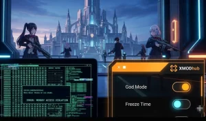 Kotama and Academy Citadel blog header with XMODhub logo, comparing a complex Cheat Engine script table against the easy-to-use XMOD Trainer interface with God Mode enabled.
