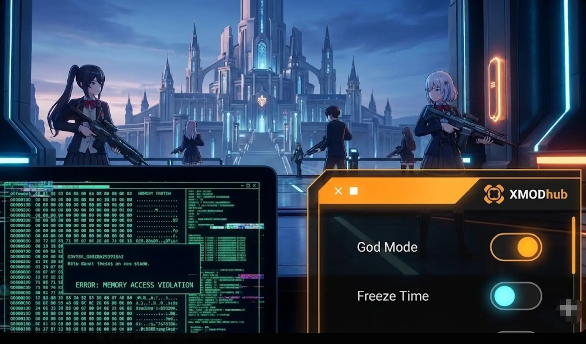 Kotama and Academy Citadel blog header with XMODhub logo, comparing a complex Cheat Engine script table against the easy-to-use XMOD Trainer interface with God Mode enabled.