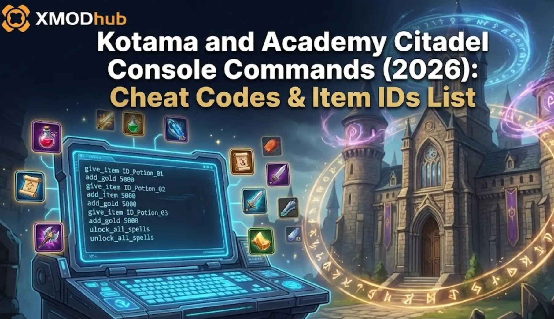 Blog header image for Kotama and Academy Citadel featuring the XMODhub logo and title 'Console Commands (2026): Cheat Codes & Item IDs List' set against a sci-fi action background.