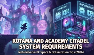 High-end gaming PC setup displaying holographic system requirements and performance metrics for Kotama and Academy Citadel, set against a sci-fi academy background.