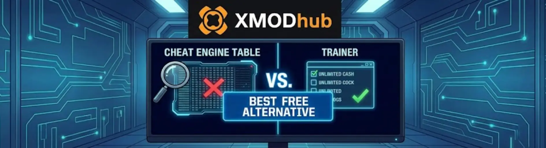 Comparison graphic for My Best Friend's Sister: Cheat Engine Table vs Trainer. Features a complex code interface on the left and a user-friendly XMODhub trainer menu on the right, labeled as the best free alternative.