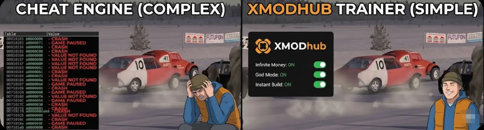 A split-screen blog header image comparing My Winter Car cheating methods. The left side shows a complex, confusing Cheat Engine table with hex codes and error messages in a cold garage. The right side displays the clean XMODhub Trainer interface with "Infinite Money" and "God Mode" activated next to a finished car.