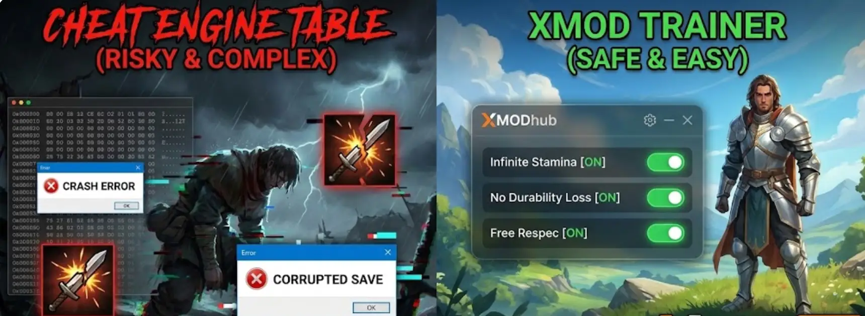 Скриншот игрового процесса No Rest for the Wicked, демонстрирующий персонажа в изометрической фэнтезийной обстановке, на который наложен интерфейс трейнера XMODhub с читами "Без потери прочности" и "Бесконечная выносливость" в качестве безопасной альтернативы Cheat Engine.