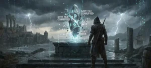 Blog header image for No Rest for the Wicked corrupted save guide. A lone warrior stands before a fractured, glitching runic crystal emitting digital text that reads "SAVE FILE CORRUPTED" and "UPDATE ERROR" in a stormy coastal setting.
