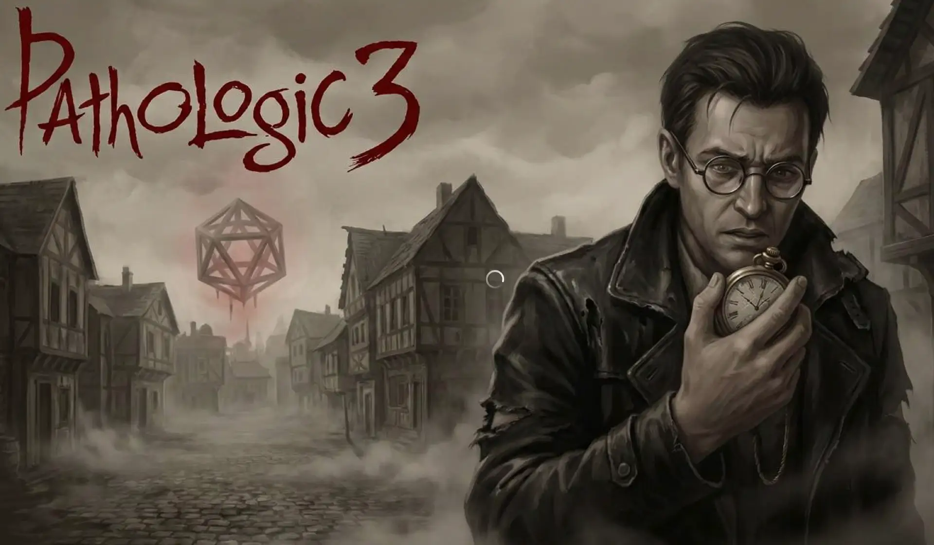 Pathologic 3 header art featuring The Bachelor (Daniil Dankovsky) checking a pocket watch in front of the Polyhedron, symbolizing the game's time management mechanics and campaign length.