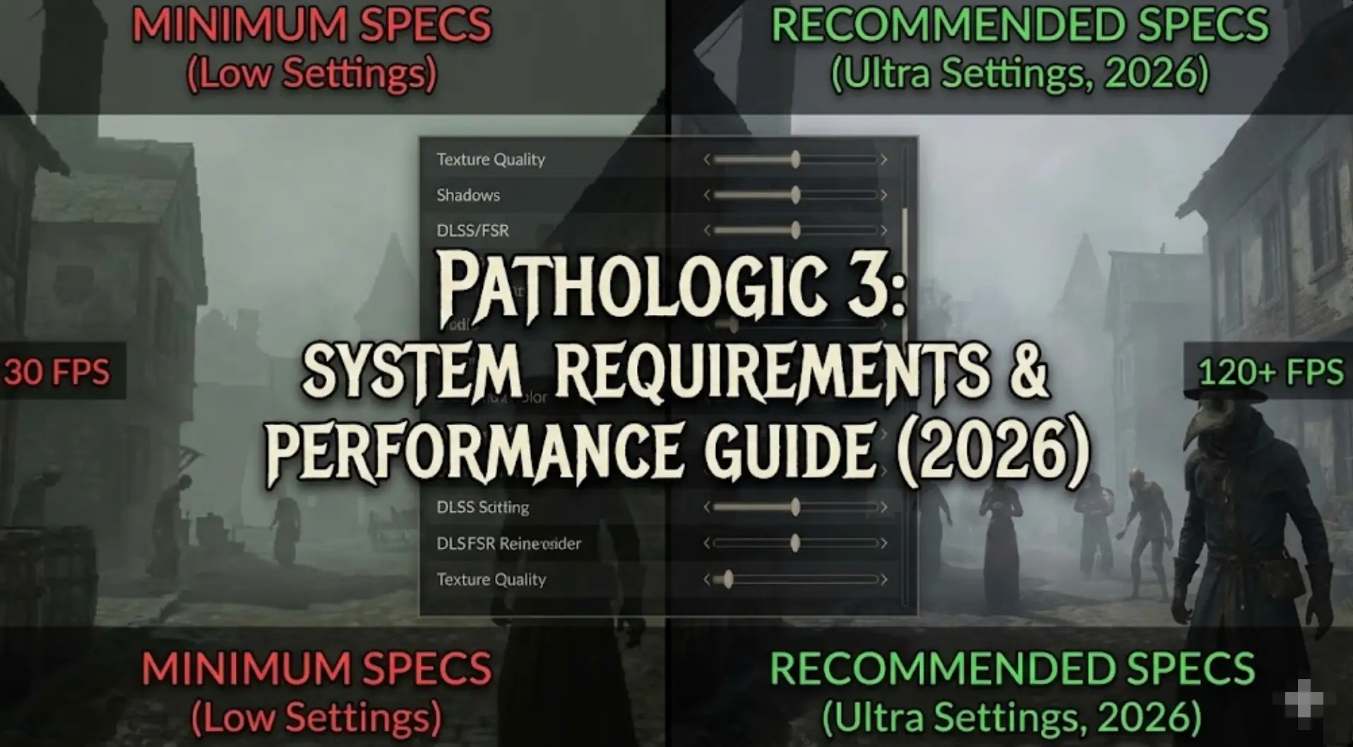 Мрачный, высококачественный скриншот из Pathologic 3, на котором изображен Чумной Доктор в окутанном туманом городе, иллюстрирующий системные требования для ПК, минимальные характеристики и руководство по оптимизации производительности.