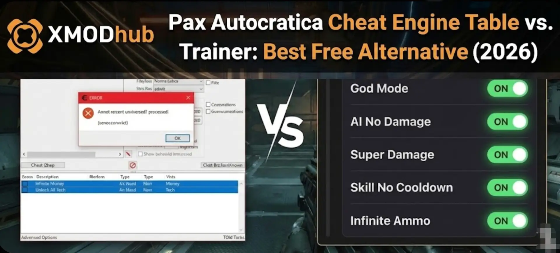 Изображение в шапке блога Pax Autocratica, содержащее логотип XMODhub и заголовок «Таблица Cheat Engine против тренера: лучшая бесплатная альтернатива (2026)», наложенный на сцену боя в научно-фантастическом шутере от первого лица.