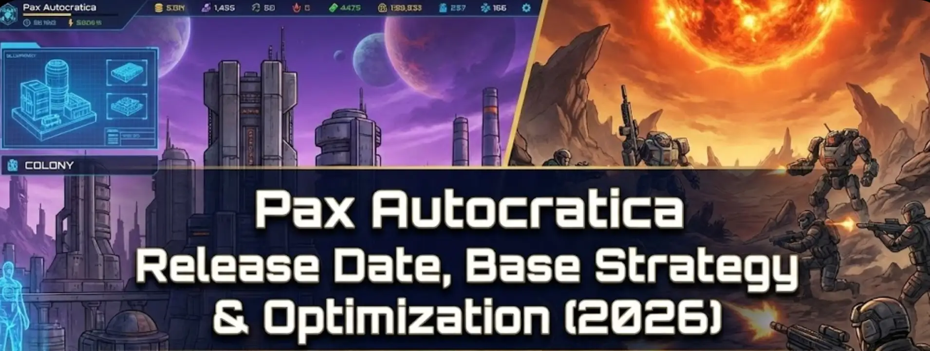 Blog header image for Pax Autocratica Release Date & Strategy Guide, displaying a futuristic holographic calendar overlaying a split-screen view of orbital colony building and FPS combat.