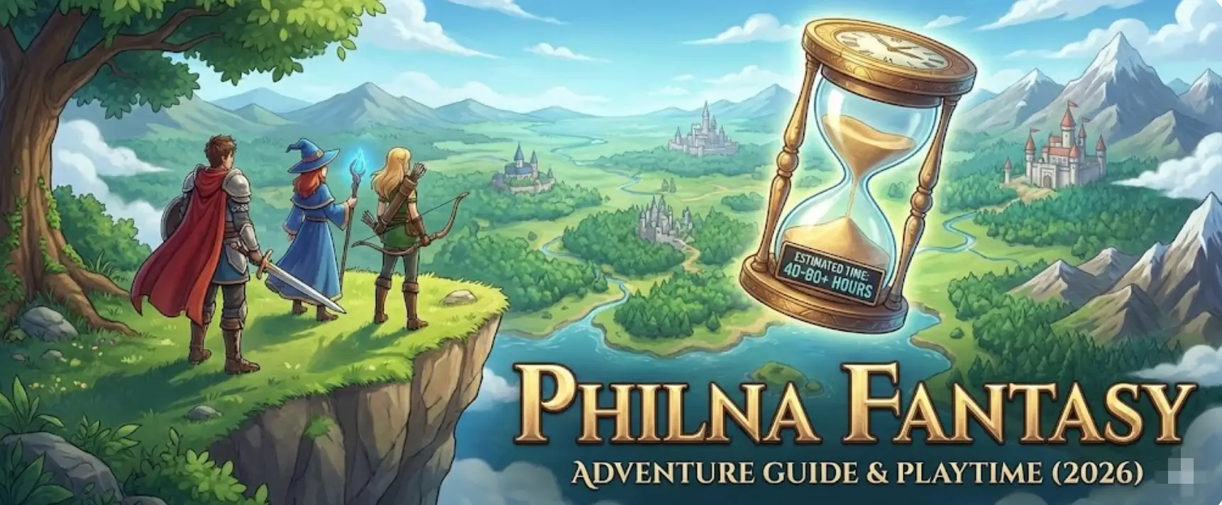 Иллюстрация в шапке блога Philna Fantasy, изображающая героя, смотрящего на обширную карту фэнтезийного мира, с наложенным интерфейсом, отображающим статистику «Примерное время игры».