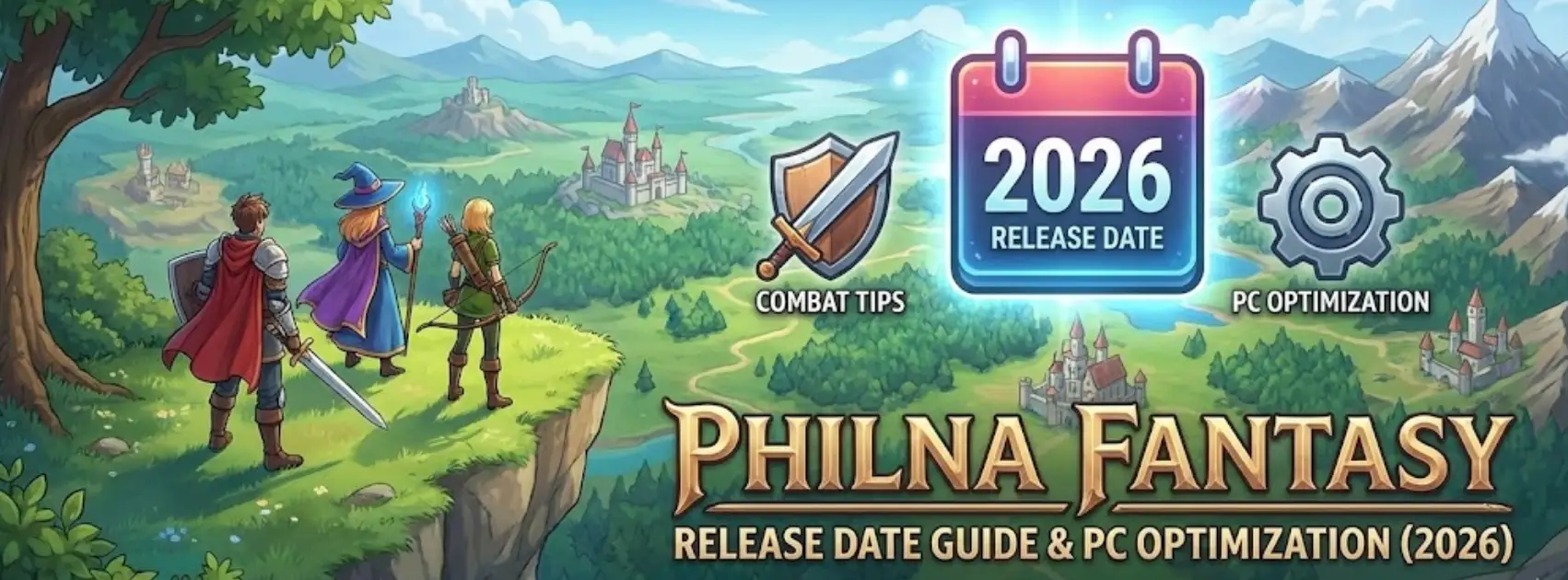 Philna Fantasy blog header showing dynamic combat gameplay and a PC graphics optimization menu, with text reading "Release Date & Combat Guide"