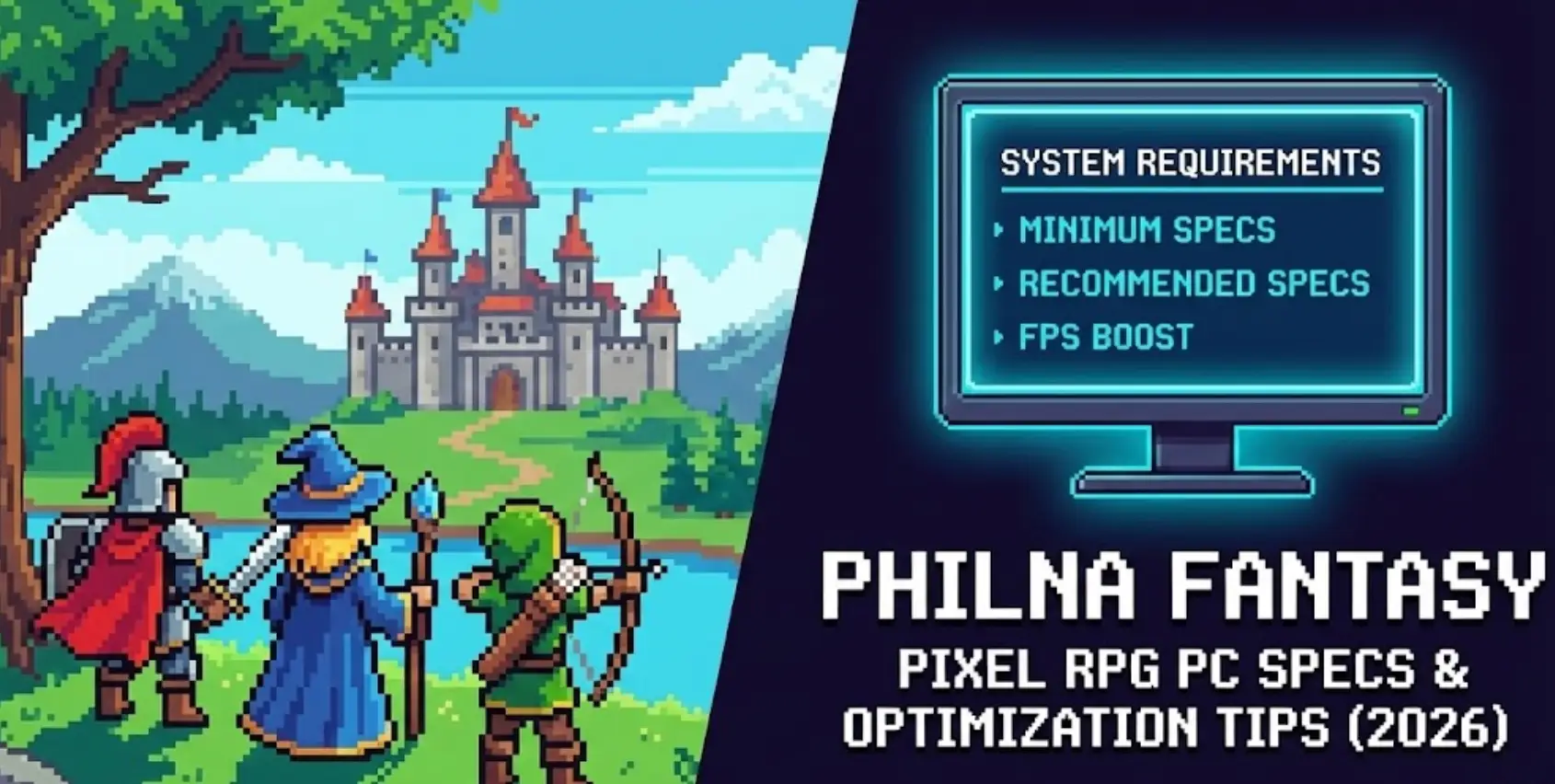 Philna Fantasy pixel art gameplay screenshot showing a high-performance combat scene and a PC graphics settings menu, with text reading "System Requirements & Specs".