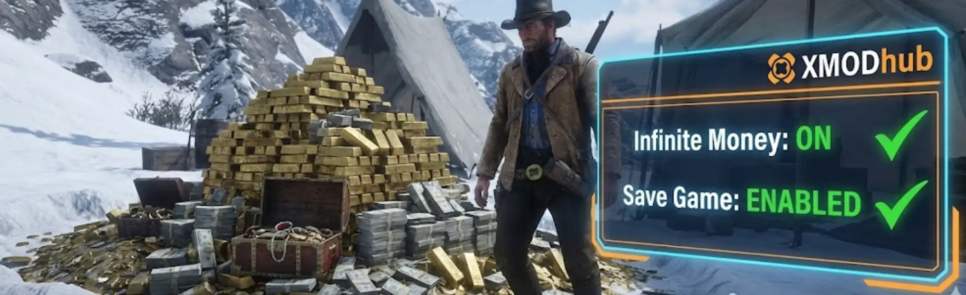 Arthur Morgan standing next to unlimited gold bars in RDR2, with XMODhub trainer overlay showing Infinite Money enabled and Save Game active.