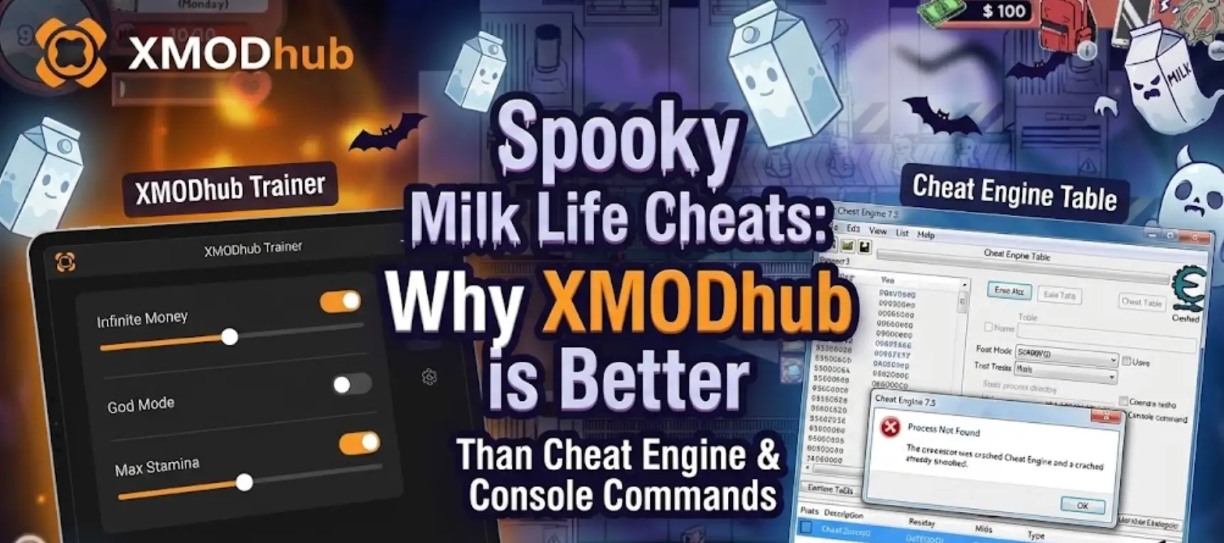 Comparison graphic showing XMODhub Trainer interface with Infinite Money toggle versus a broken Cheat Engine error, set against a Spooky Milk Life factory gameplay background.