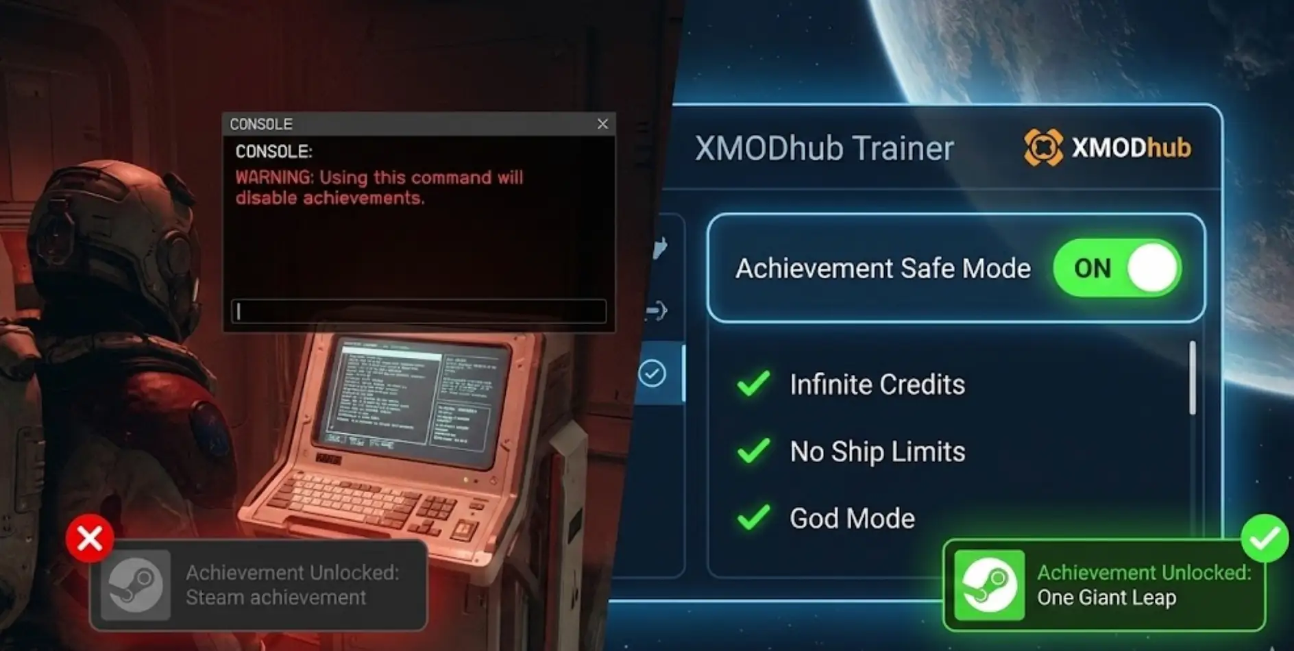 Starfield gameplay screenshot showing a Steam achievement notification popping up while using cheats, displayed next to the XMODhub trainer interface with the XMODhub logo visible.