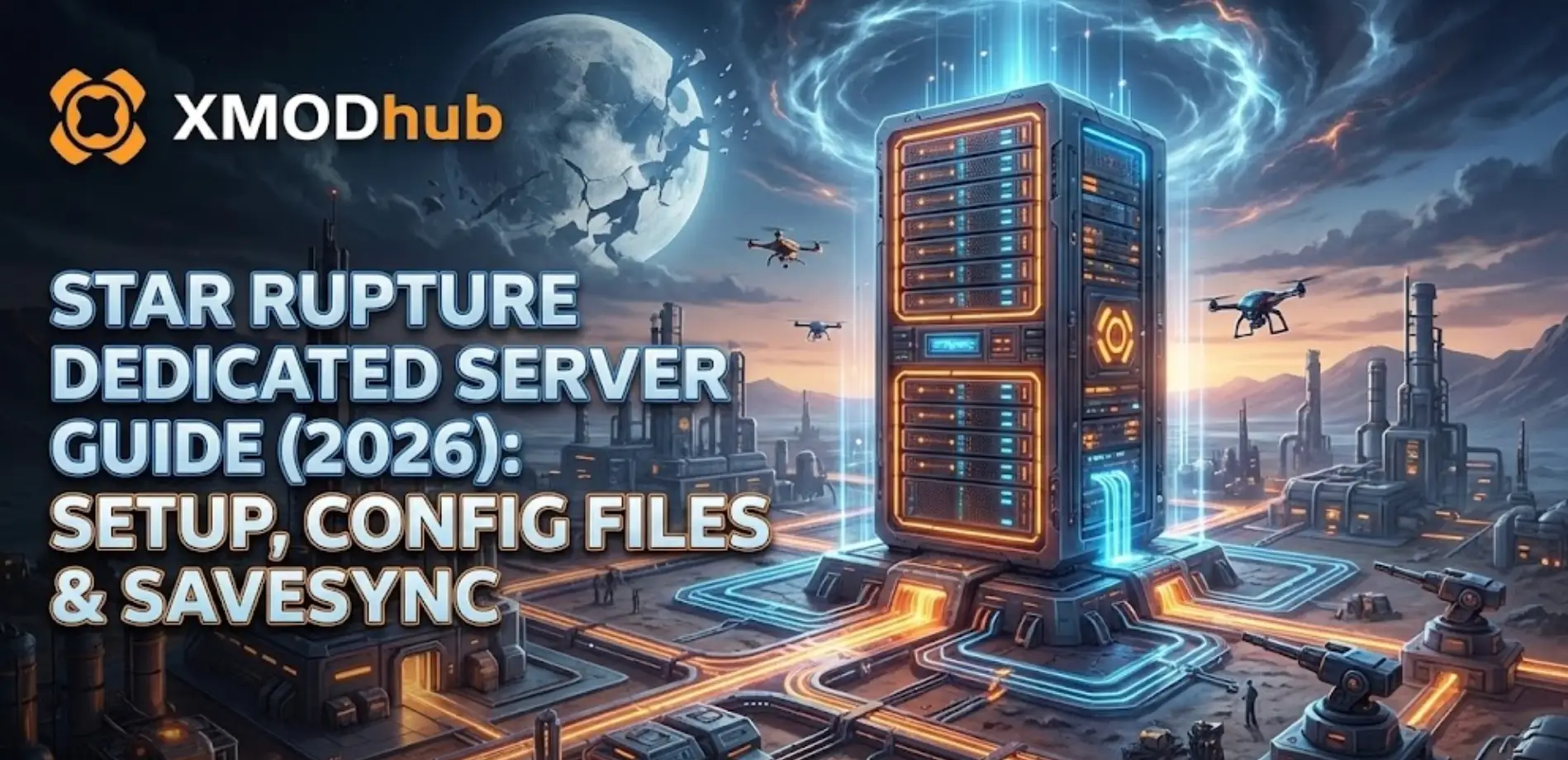 StarRupture factory landscape with XMODhub logo, illustrating the 2026 Dedicated Server setup guide using SteamCMD and SaveSync host migration.