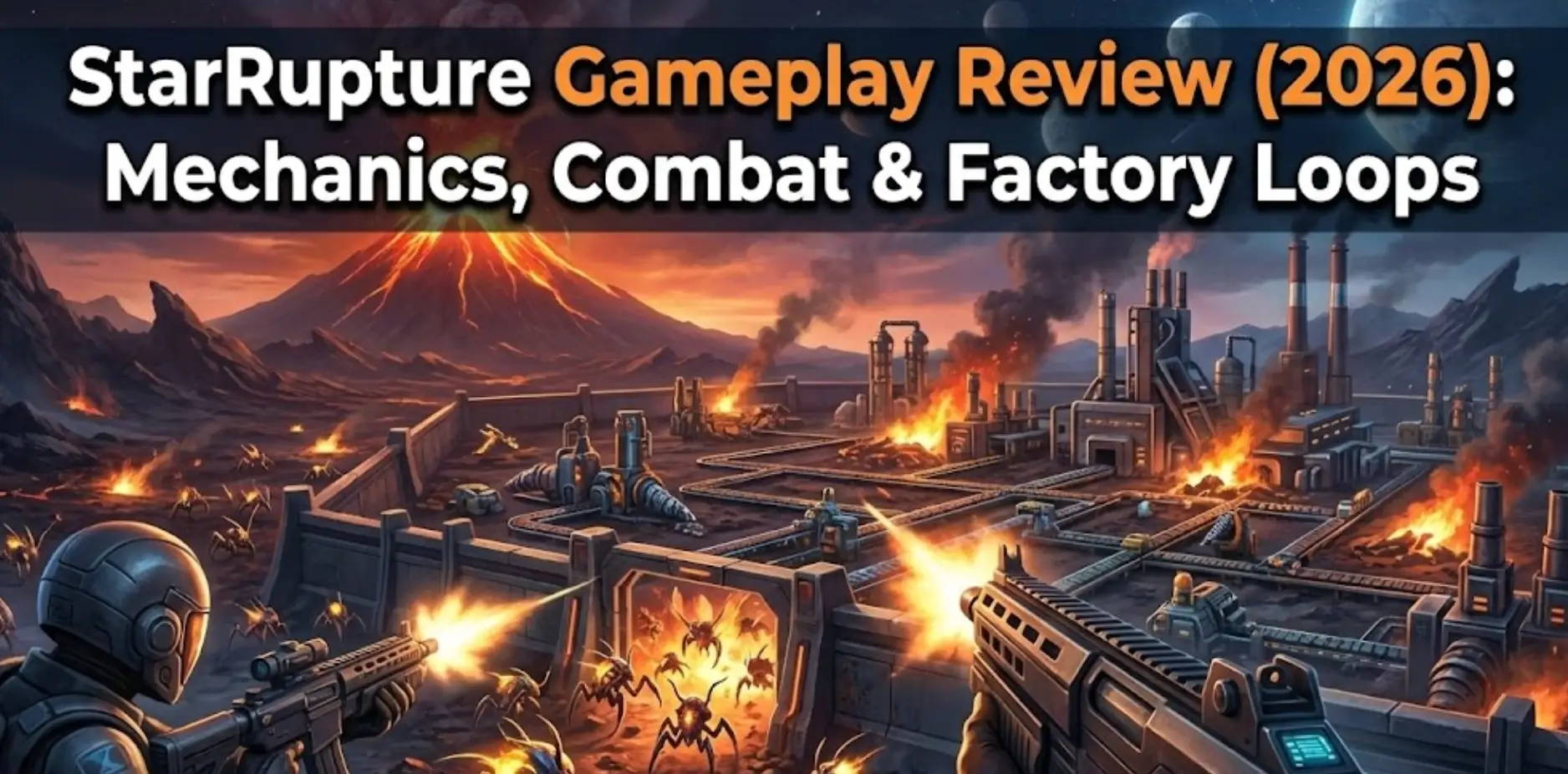 StarRupture gameplay screenshot featuring intense first-person combat against alien waves while defending an automated factory drill, with XMODhub logo overlay.