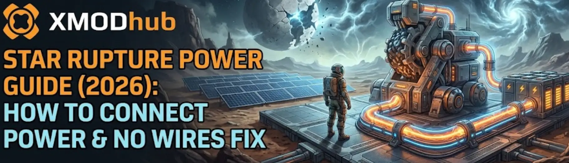 StarRupture gameplay on an alien planet showing industrial rails connecting power to an Ore Extractor, with a holographic XMODhub Trainer overlay for infinite energy cheats.