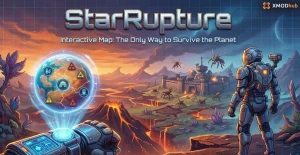 StarRupture game promotional art featuring a futuristic interactive map interface for locating rare resources and biomes, with the XMODhub logo overlay.