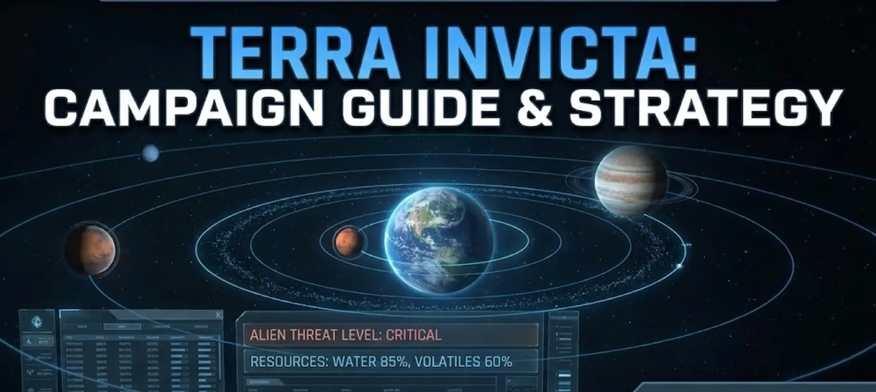 В заголовке руководства по стратегии Terra Invicta размещена голографическая карта Солнечной системы, статистика уровня угрозы со стороны инопланетян и логотип XMODhub.