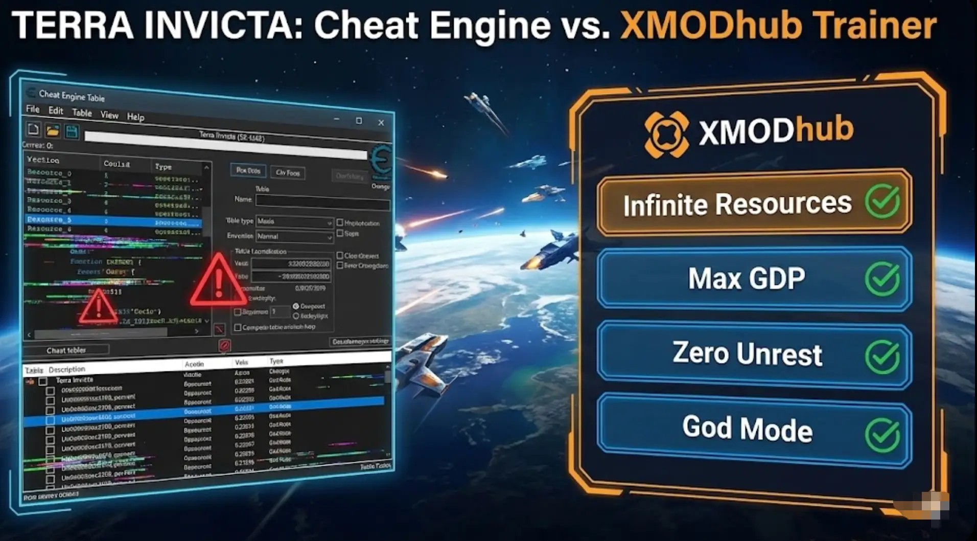 Terra Invicta gameplay background showing Earth from space, overlaid with a sleek XMODhub trainer interface featuring 'Infinite Resources' and the XMODhub logo, contrasted against a background of complex Cheat Engine code.