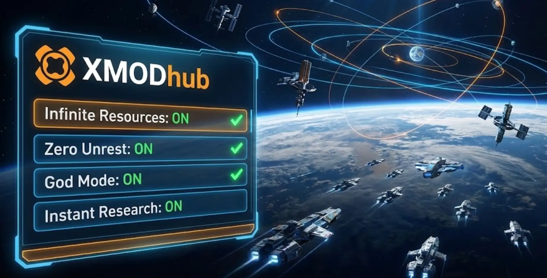 Terra Invicta gameplay in space with XMODhub trainer overlay showing Infinite Resources cheat and No Console mode enabled.