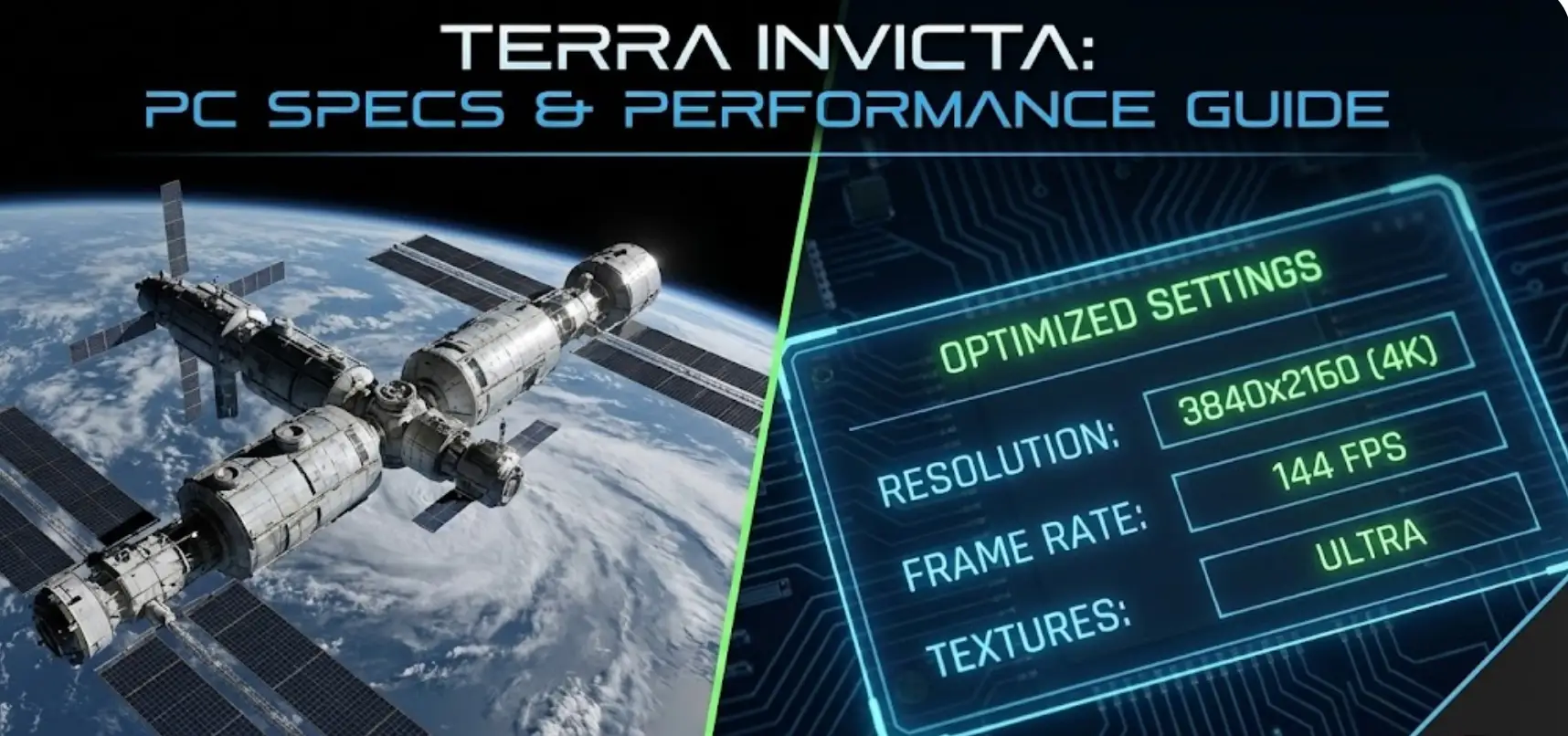 Split-screen blog header for Terra Invicta featuring a high-fidelity space station and a PC graphics settings menu showing Optimized Settings, 144 FPS, and 4K Textures