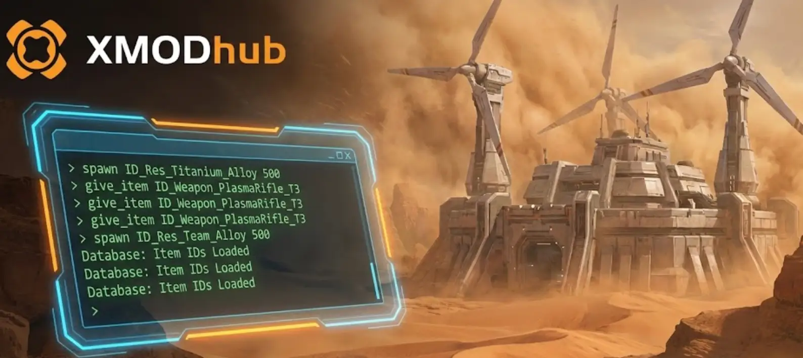 XMODhub blog header for WindStop Strategy Item IDs guide. Features a futuristic desert base background with a digital holographic screen displaying console commands and spawn codes like "ID_Res_Titanium". The XMODhub logo is prominent in the foreground.