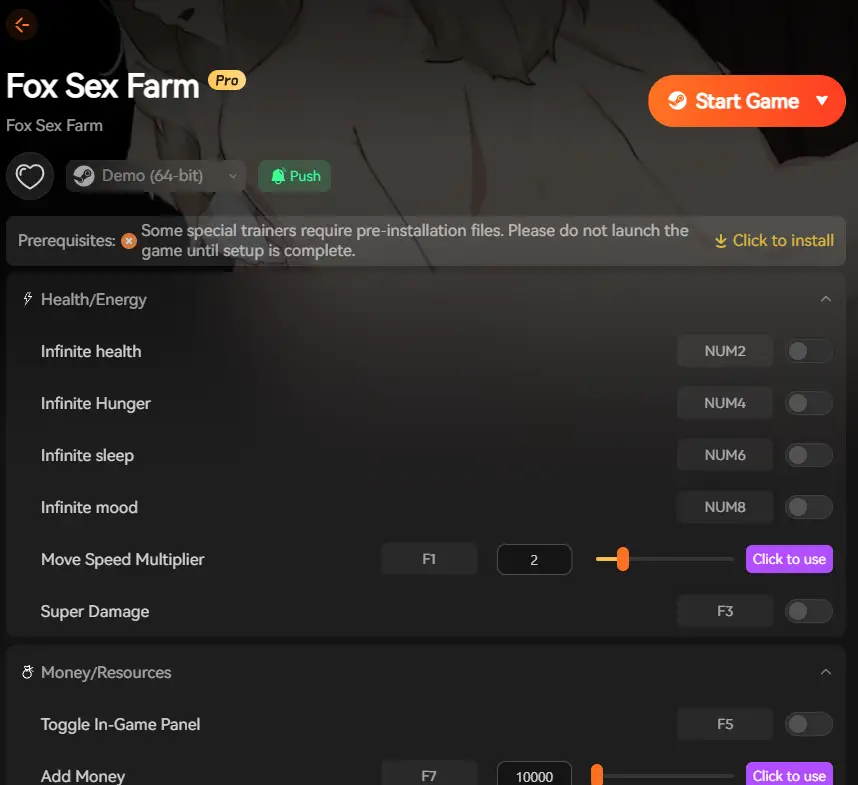 XMOD Trainer menu for Fox Sex Farm showing sliders for Gold, Stamina, and Gallery Unlock options.