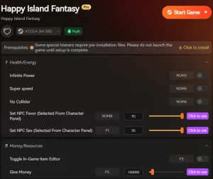 XMOD Trainer menu for Happy Island Fantasy showing sliders for Gold, Resources, and Instant Build.
