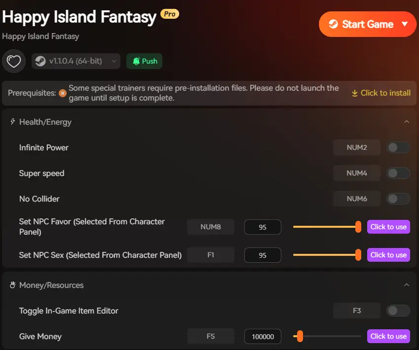 XMOD Trainer menu for Happy Island Fantasy showing sliders for Gold, Resources, and Instant Build.