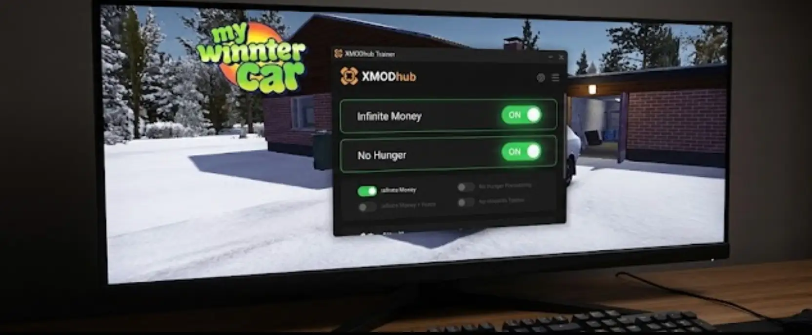 In-game screenshot of My Winter Car with the XMODhub Trainer overlay active, showing toggle switches enabled for Infinite Money and No Hunger cheats.