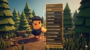 XMODhub trainer menu for Escape from Duckov featuring a tactical duck character. The holographic list displays cheats like God Mode, Unlimited Health, and Unlimited Stamina, with an ellipsis indicating a comprehensive collection of 29 available mods.