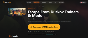 XMODHUB client interface for Escape from Duckov featuring safe, malware-free game enhancements and verified trainer download options.