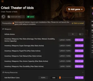 XMODHUB trainer interface showing cheat options for Crisol: Theater of Idols including Infinite Ammo, Super Damage, and Add Bull Silver Coins.