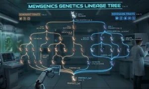 Mewgenics genetics lineage tree showing complex dominant and recessive trait inheritance.