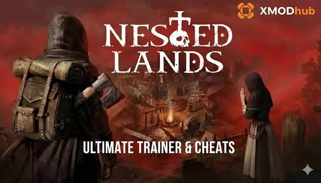 Профессиональная обложка статьи для Nested Lands: выживший в охваченной чумой деревне; реклама XMODhub Ultimate Trainer и читов как надежной альтернативы таблицам Cheat Engine.